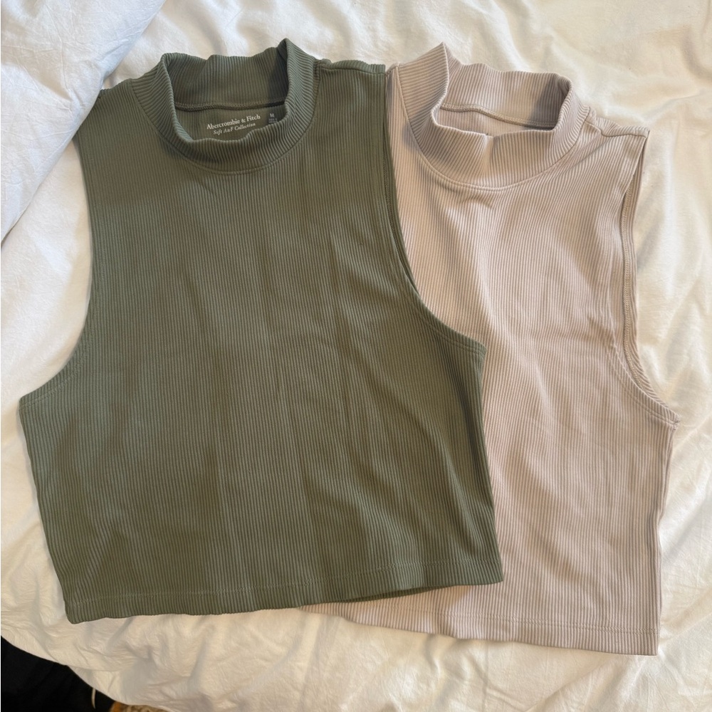 Abercrombie & Fitch Ribbed Crop Tops - Olive and Cream